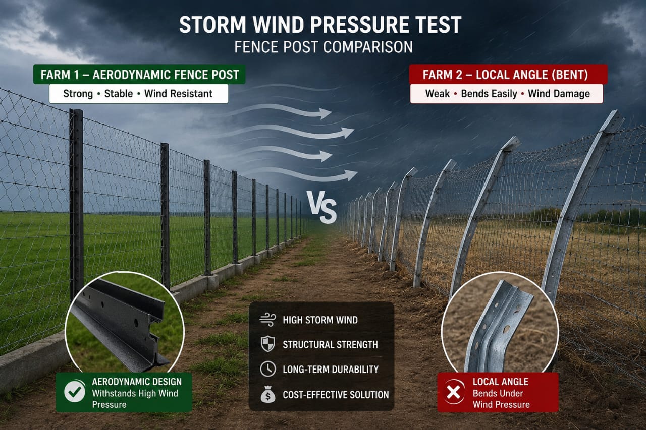 Storm wind pressure test fence post comparison — Fence Master aerodynamic post stays strong while local angle post bends